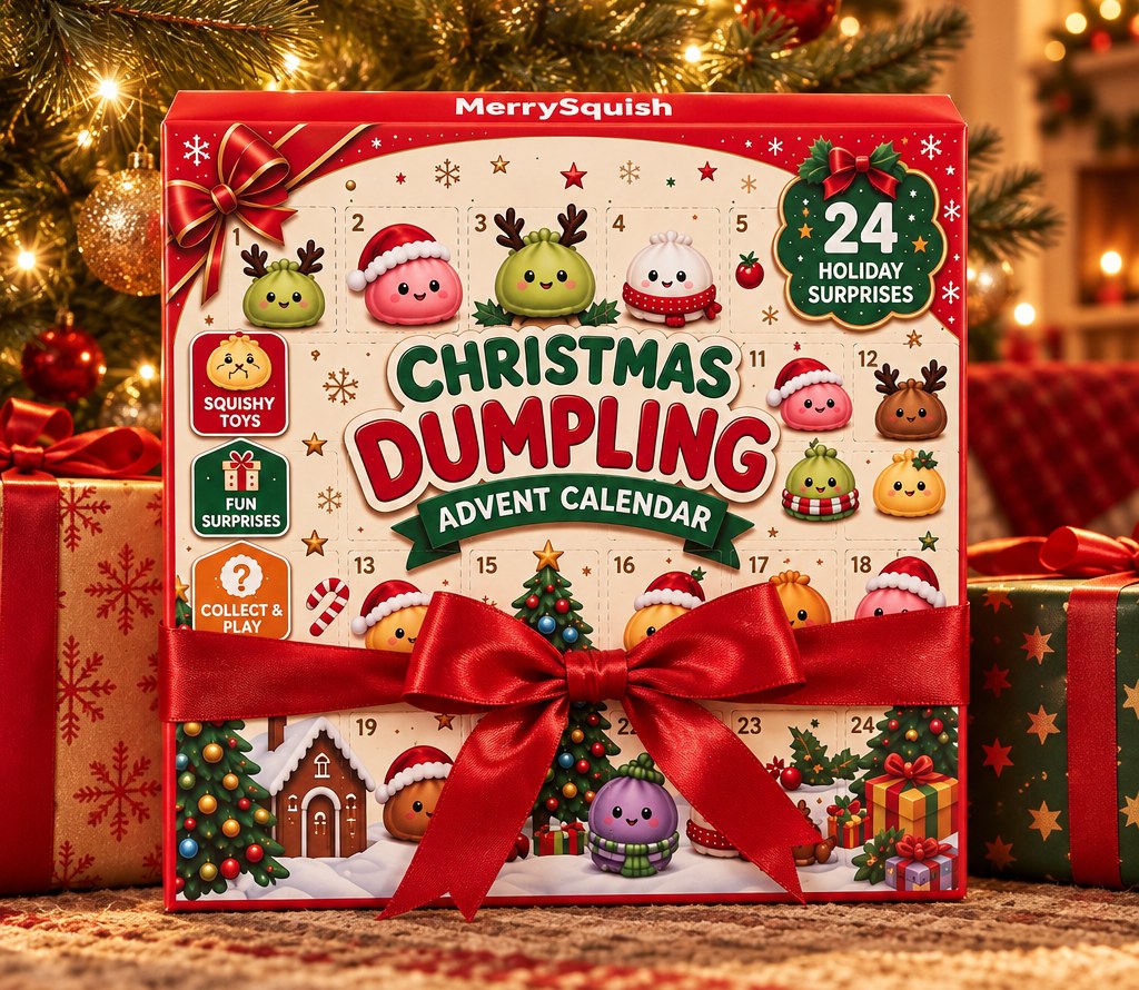 The MerrySquish Dumpling Advent Calendar in its printed box beside wrapped presents under a Christmas tree