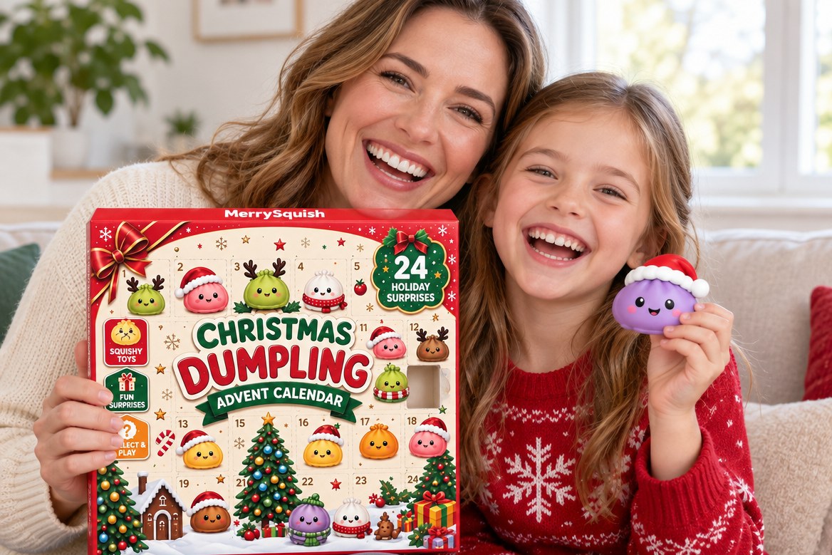 A mother and daughter laughing on a sofa, the mother holding the MerrySquish Dumpling Advent Calendar upright with one door open, the daughter holding up a purple dumpling squishy