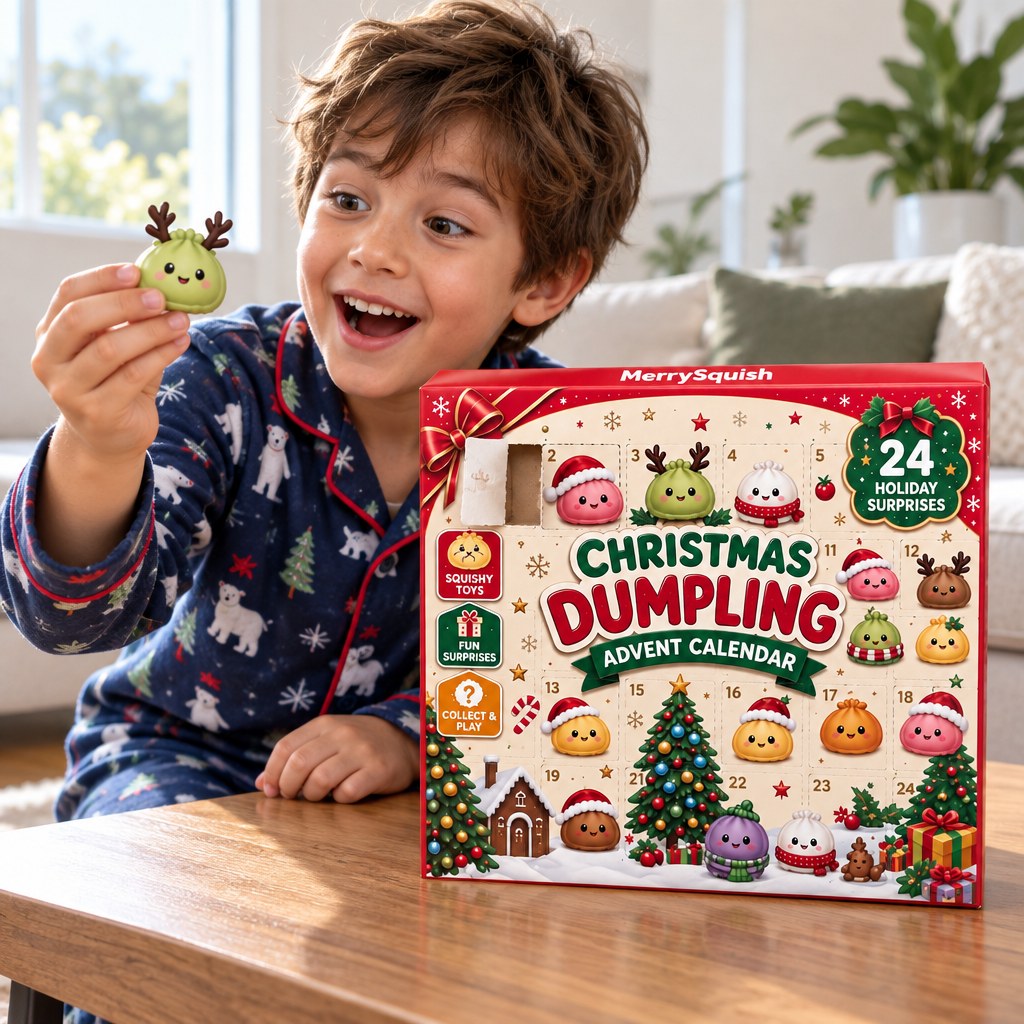 A boy in pyjamas holding up a purple dumpling squishy beside the MerrySquish Dumpling Advent Calendar, one door open