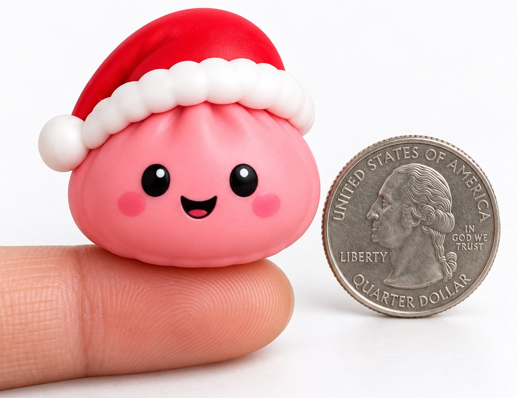 A pink dumpling squishy in a Santa hat balanced on a fingertip next to a US quarter