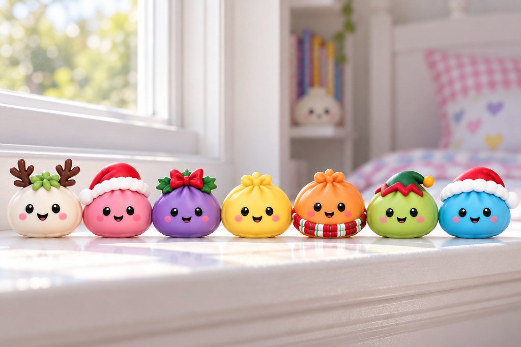 A row of small dumpling squishies in Santa hats and antlers lined up along a white bedroom windowsill in morning light