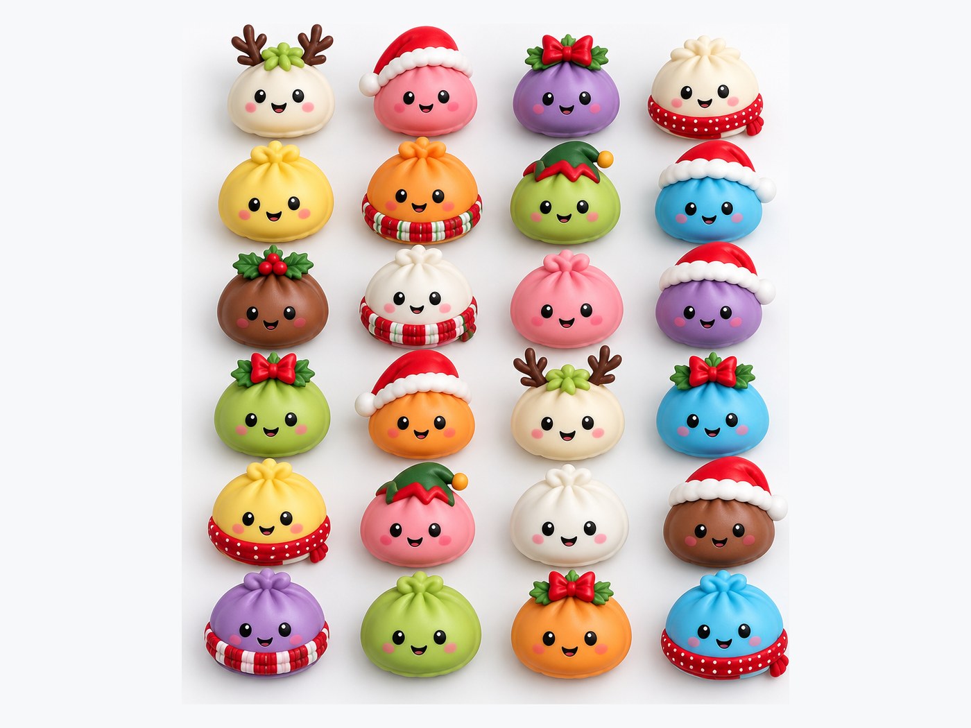 All twenty-four MerrySquish dumpling squishies laid out in rows on a white background, each wearing a different Christmas hat, scarf or set of antlers