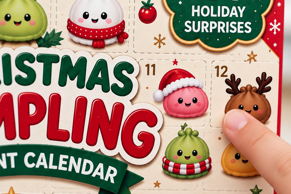 A child's fingertip on door 12 of the MerrySquish calendar, about to push it in
