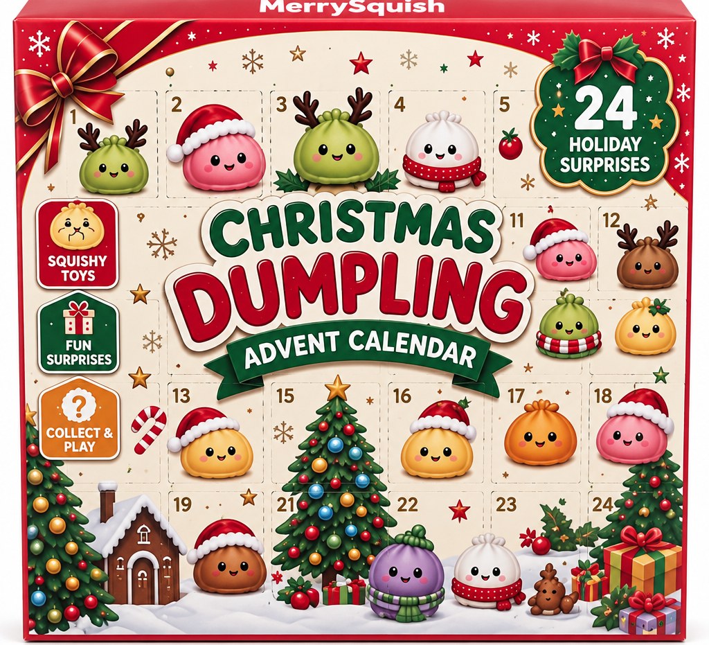 The front of the MerrySquish Dumpling Advent Calendar box, with the MerrySquish name on the top border, the cartoon dumplings and the 24 Holiday Surprises badge on the printed lid