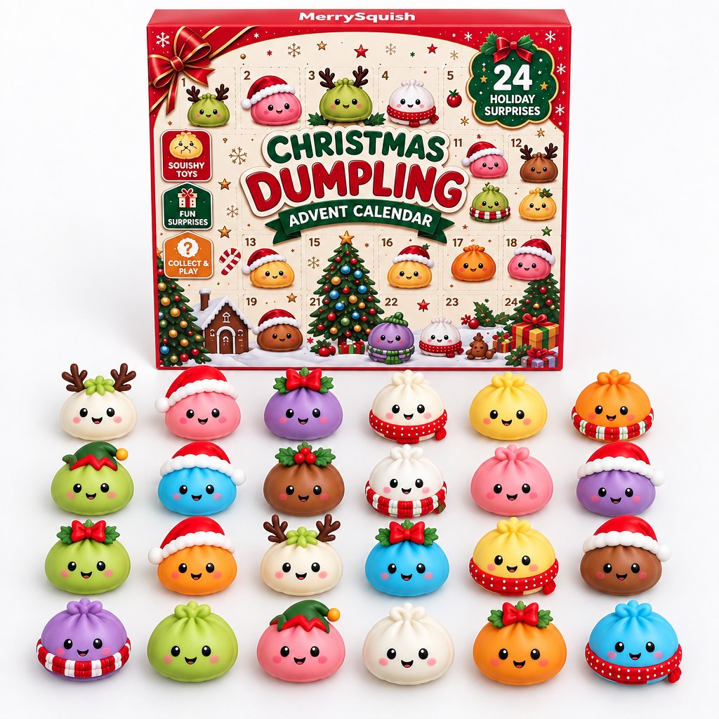 The MerrySquish Dumpling Advent Calendar box standing behind all twenty-four dumpling squishies laid out in rows on a white surface