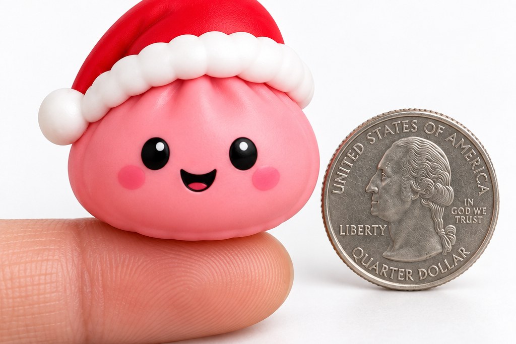 A pink dumpling squishy in a Santa hat resting on a fingertip beside a US quarter for scale