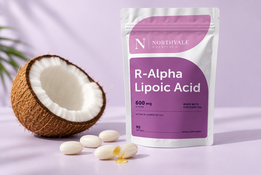 Northvale R-Alpha Lipoic Acid softgels beside the pouch