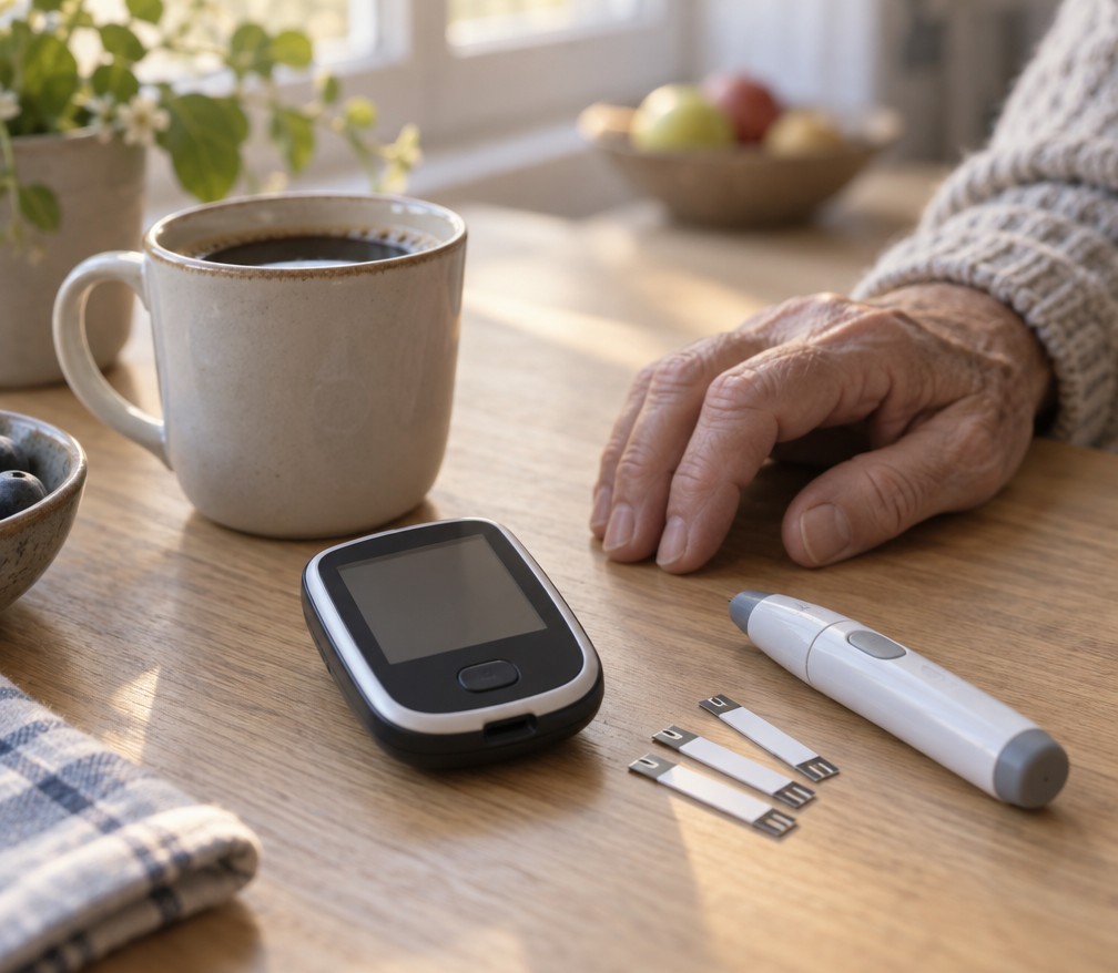 Blood sugar test kit on a kitchen table