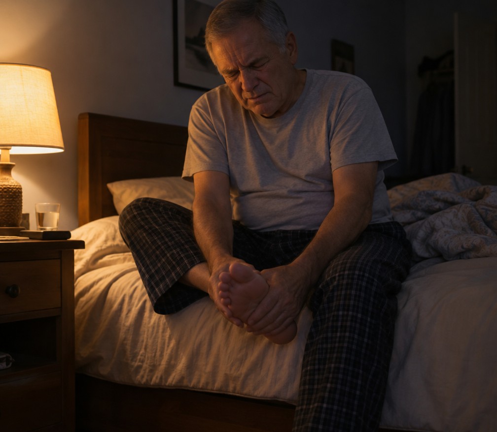 Man rubbing his burning foot at the edge of the bed at night