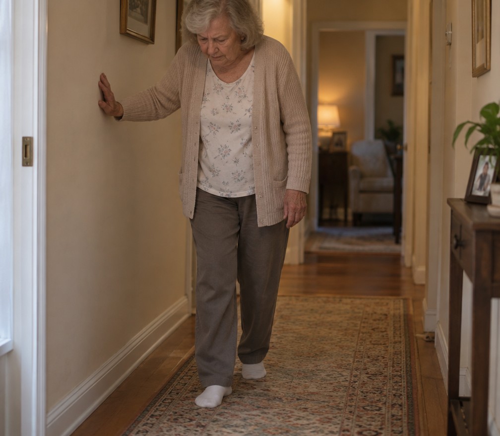 Older woman steadying herself on a hallway wall