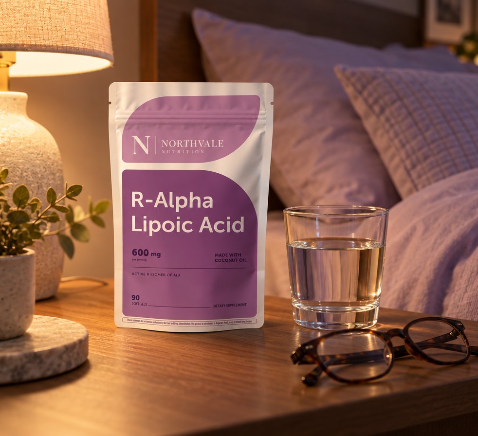 Northvale R-Alpha Lipoic Acid pouch on a bedside table