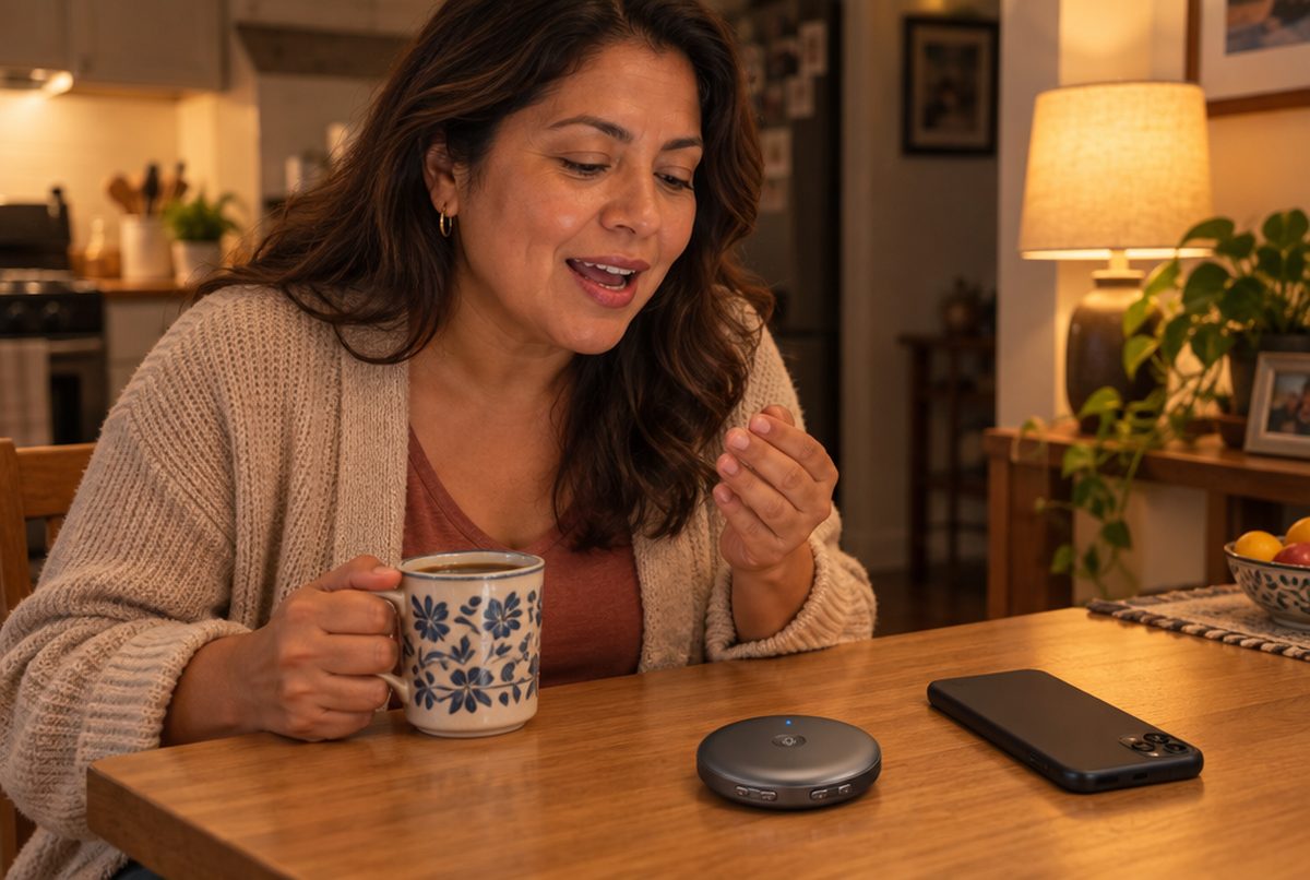 Mujer practicando frases en voz alta en la mesa de su cocina con Oltavi al lado