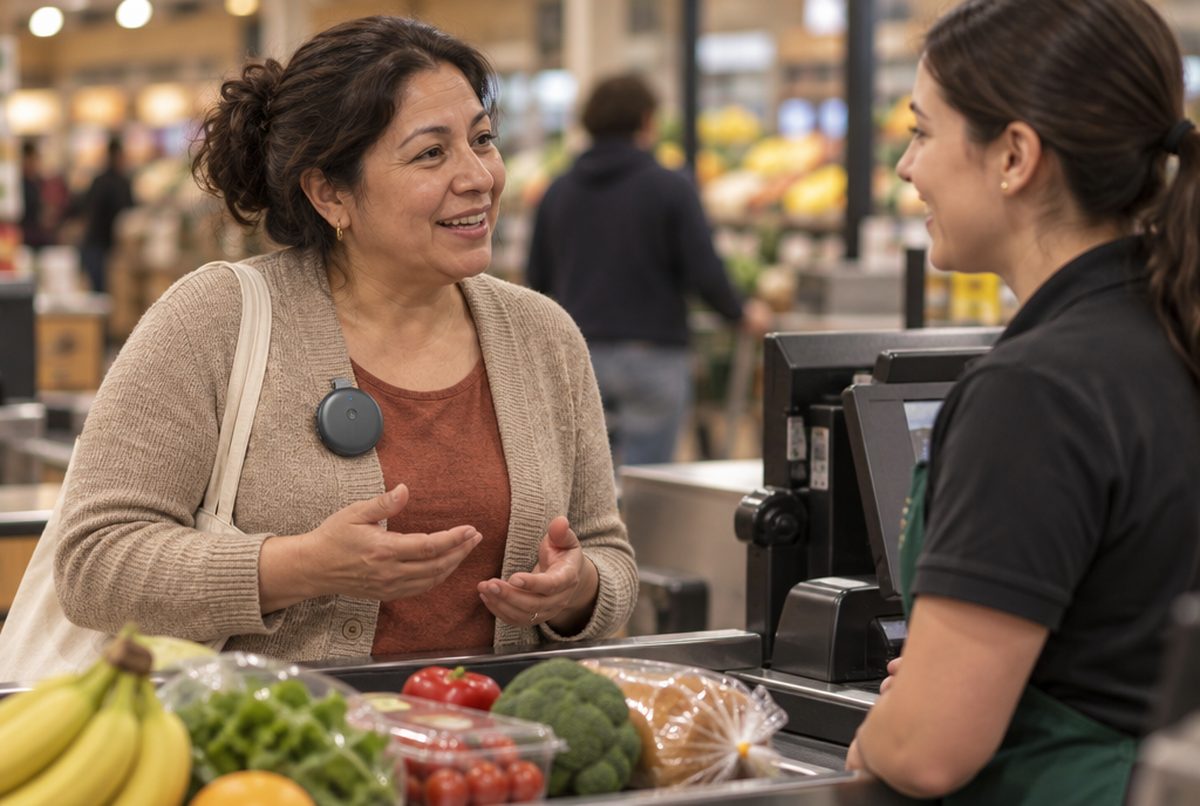 Mujer hablando con la cajera del supermercado con Oltavi enganchado al suéter
