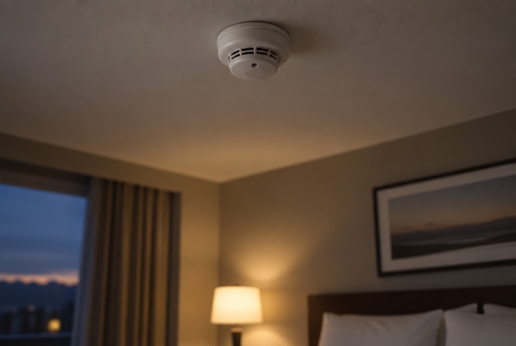Ceiling smoke detector in a hotel bedroom seen from the bed