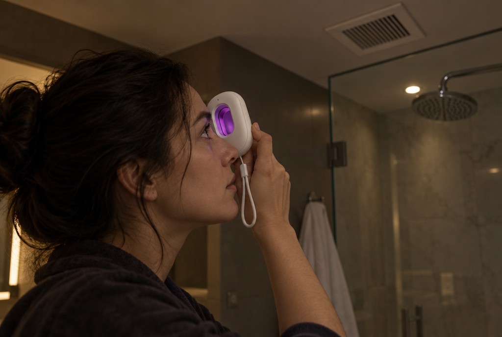 Woman looking through a pocket detector's violet filter toward a shower fixture
