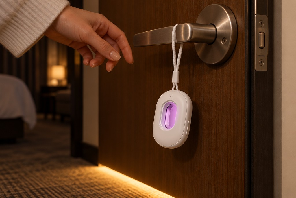 Pocket detector hanging by its lanyard from a hotel door handle