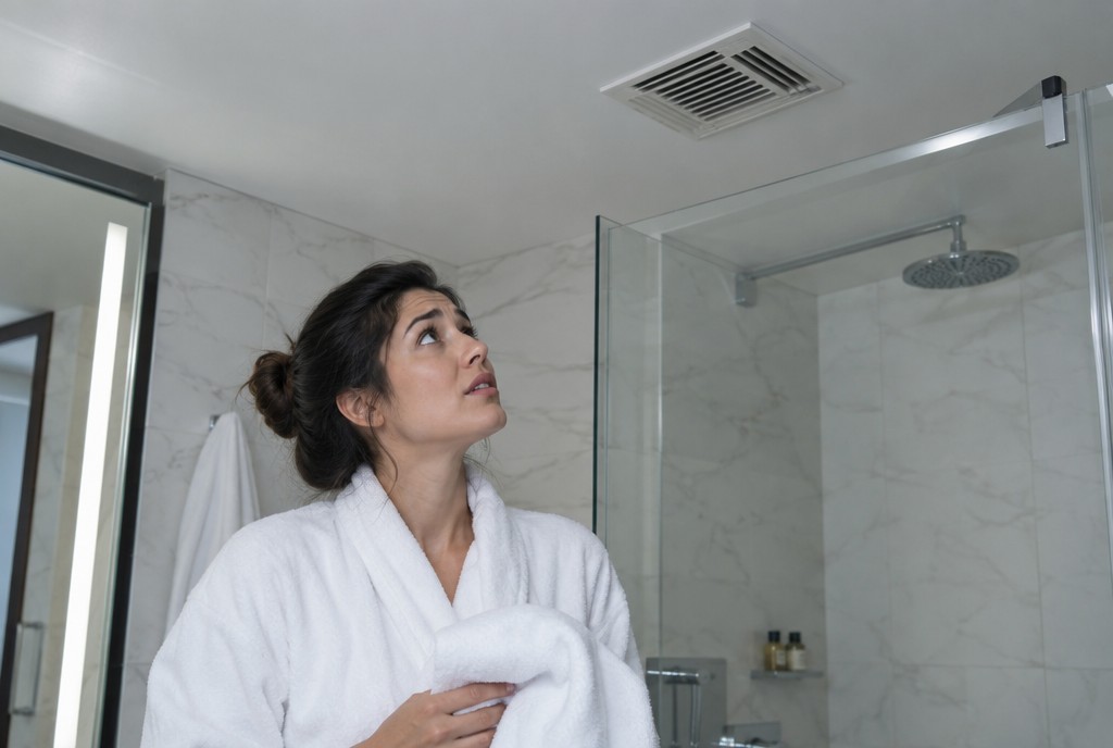 Woman in a hotel bathroom glancing up at a ceiling vent
