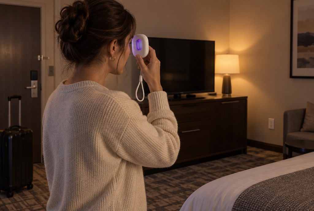 Woman who has just arrived in a hotel room looking through a pocket camera detector before unpacking