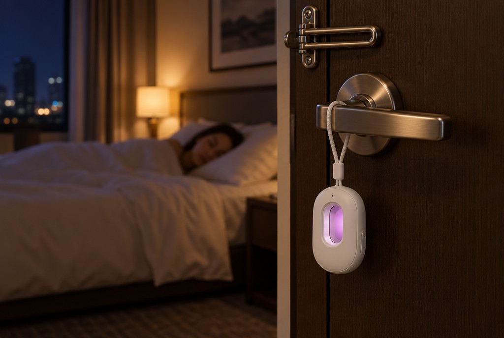 Pocket detector hanging on the inside handle of a hotel room door at night