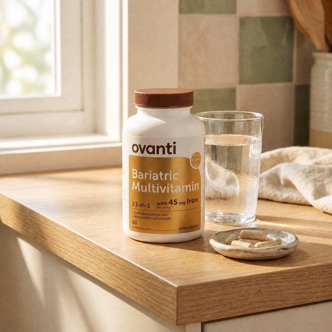 Ovanti Methylated Bariatric Multivitamin on a kitchen counter