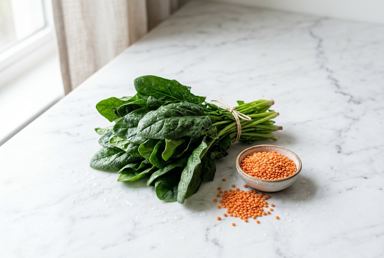 Iron, from leafy greens and lentils