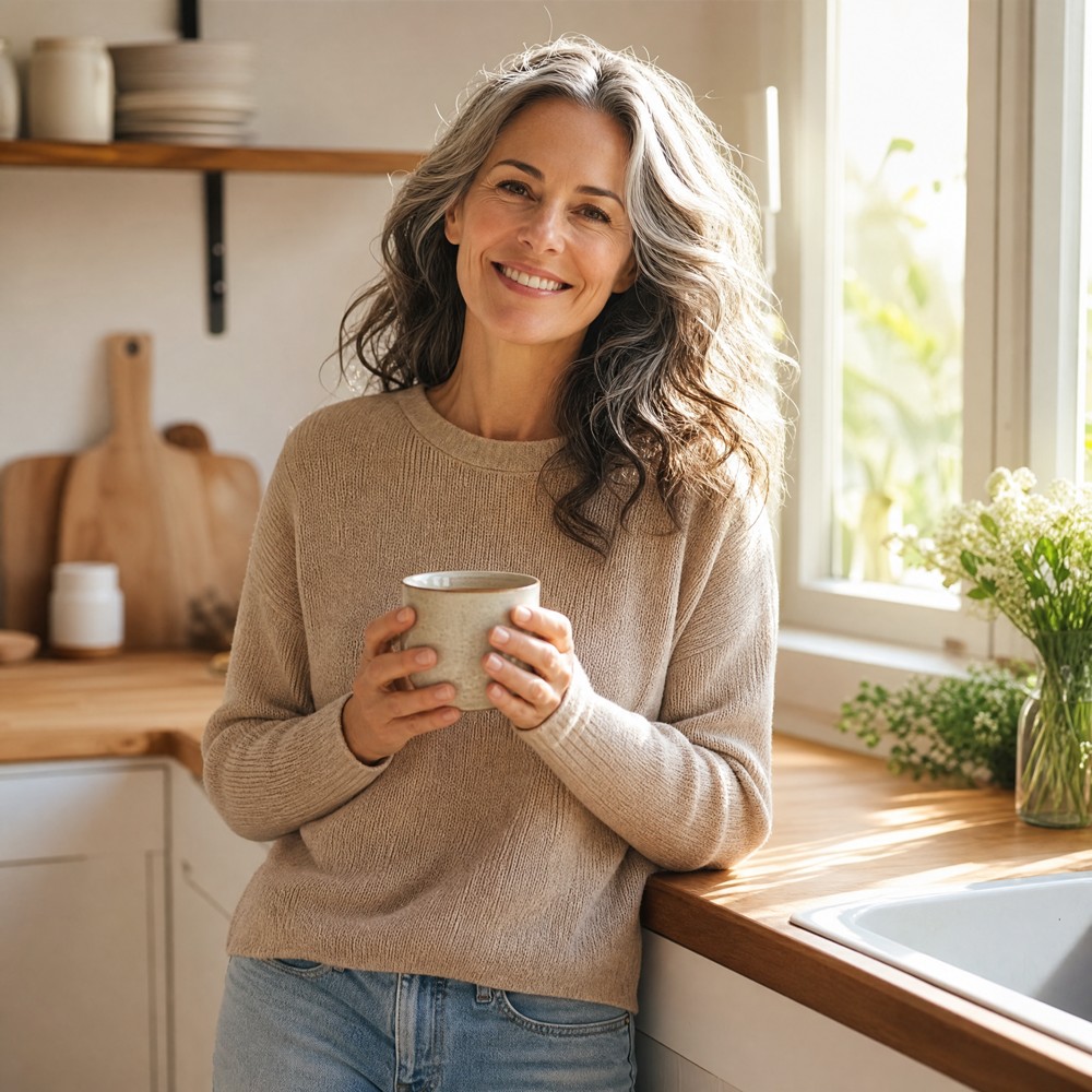 Woman with healthy grey-streaked hair holding a mug in her kitchen in the morning
