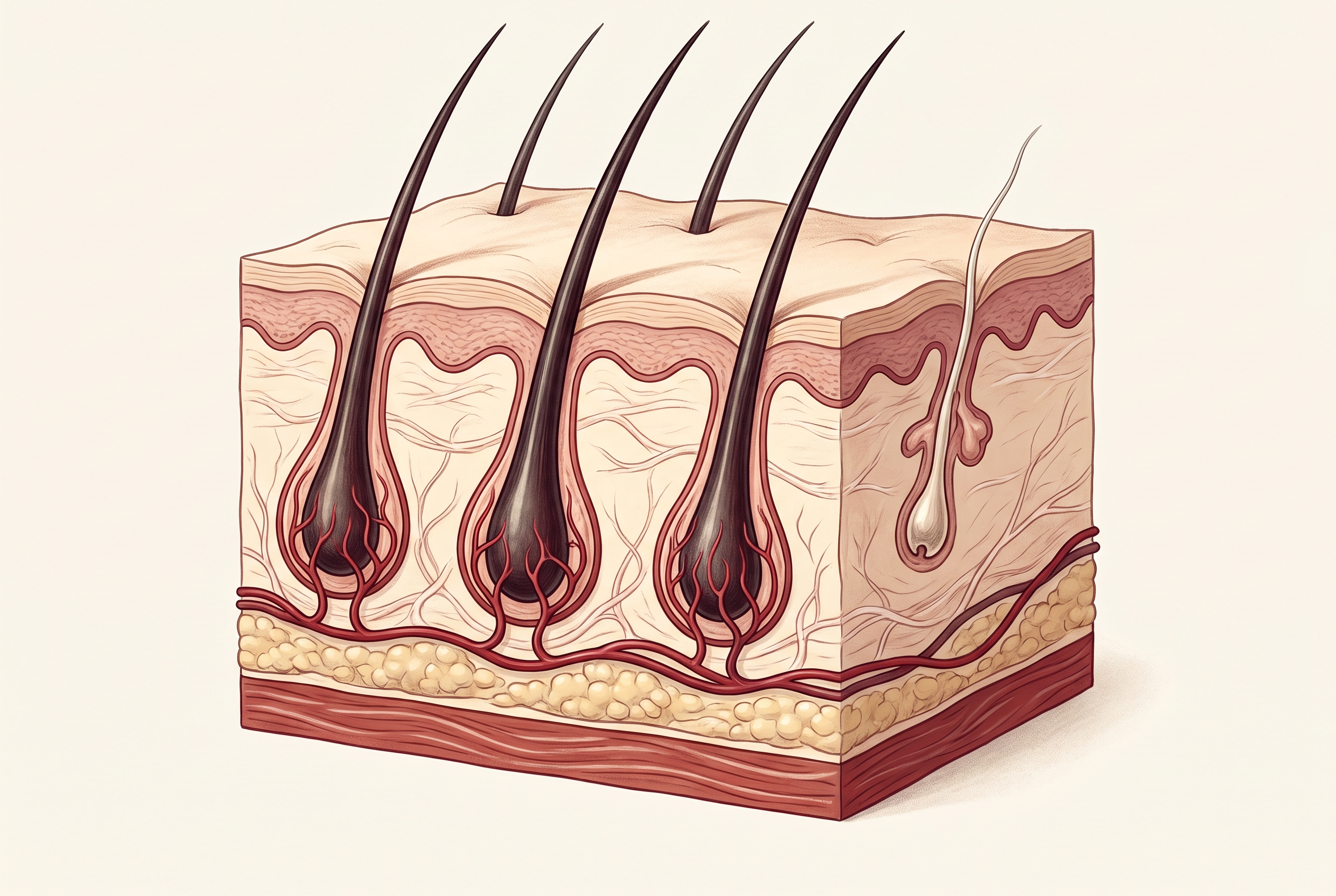 Cross-section of the scalp showing anchored follicles beside one that has detached and is releasing its strand