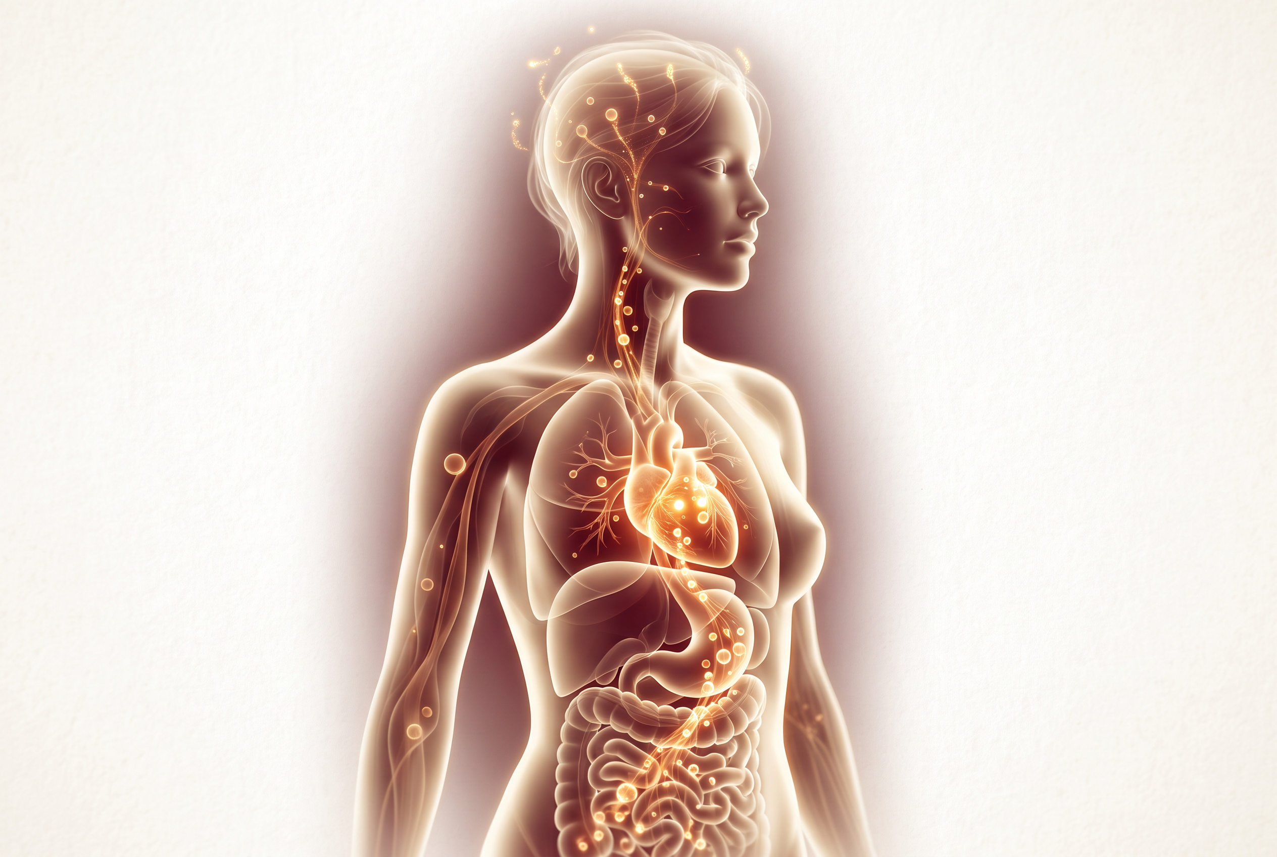 Nutrients glowing brightly around the core organs and reaching the scalp only faintly