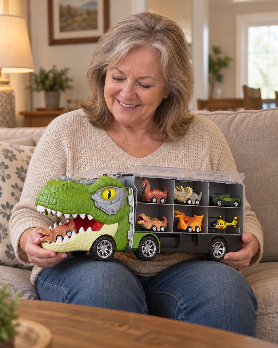 A grandmother holding the T-rex truck across her lap to show its real size