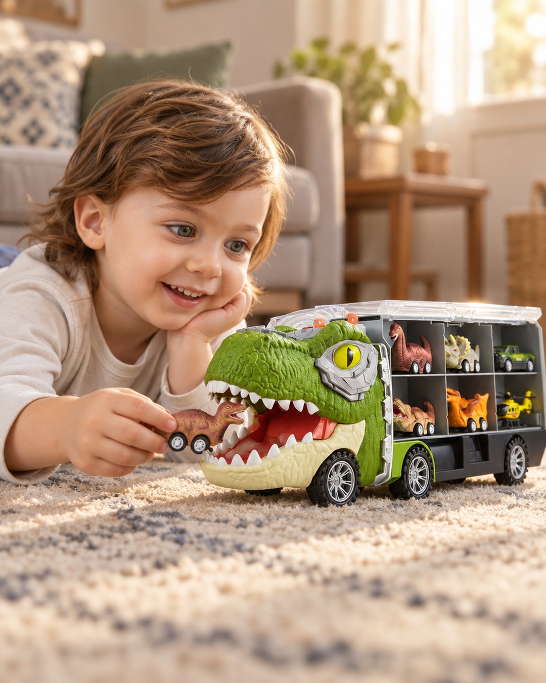 A three-year-old on the rug beside the RoarHaul T-Rex Truck