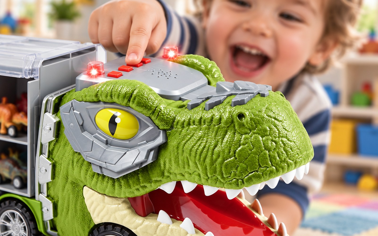 A small finger pressing a roar button on the T-rex truck