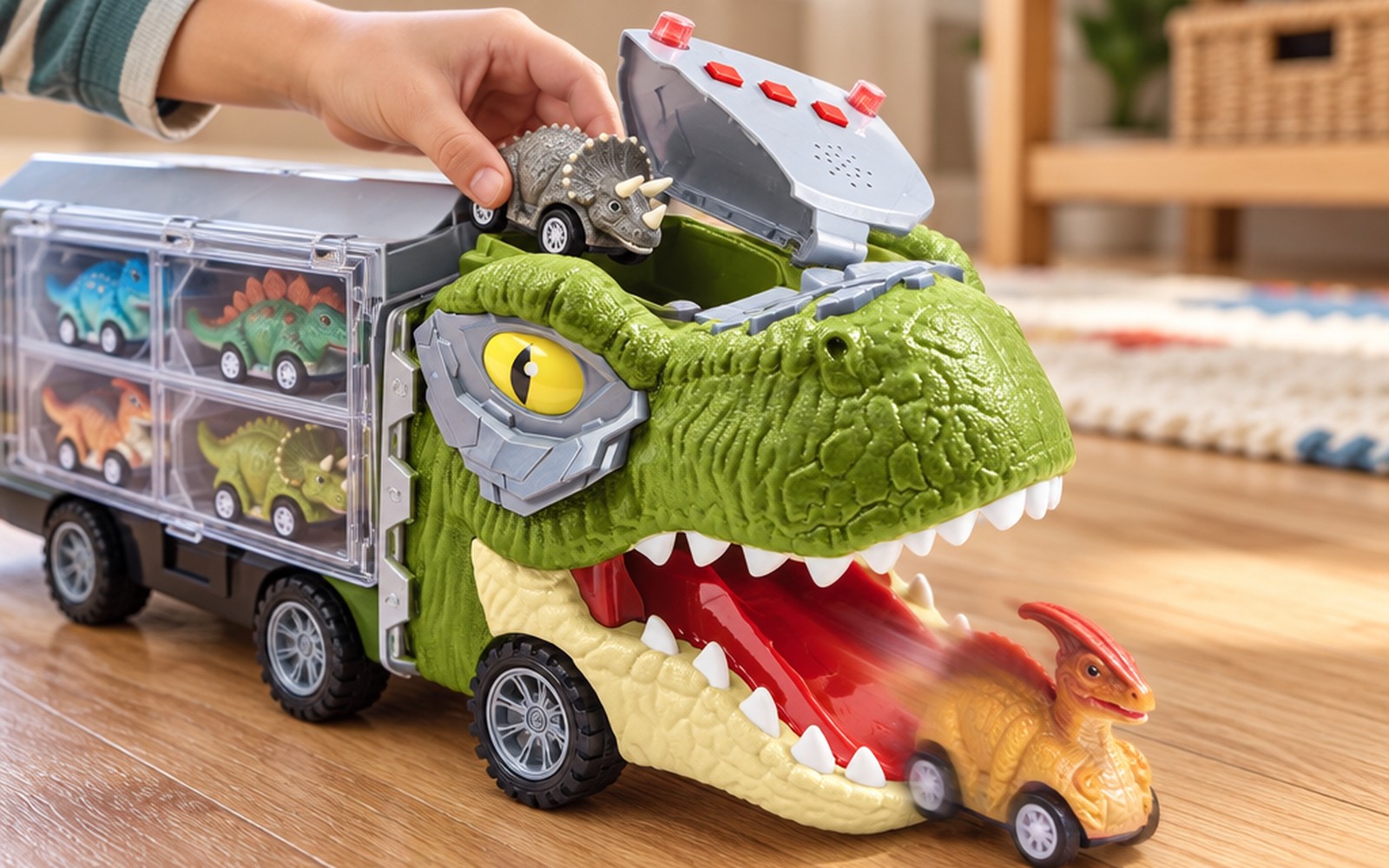 A dinosaur car rolling out of the T-rex mouth