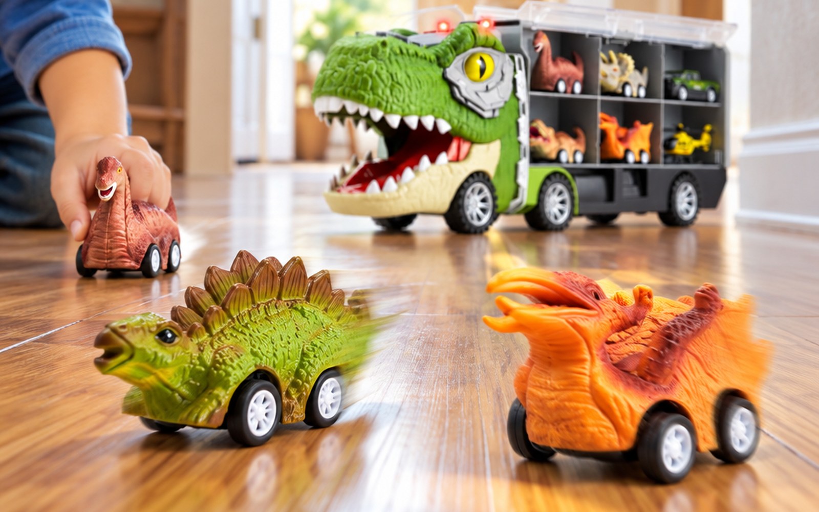 Pull-back dinosaur cars racing across the floor