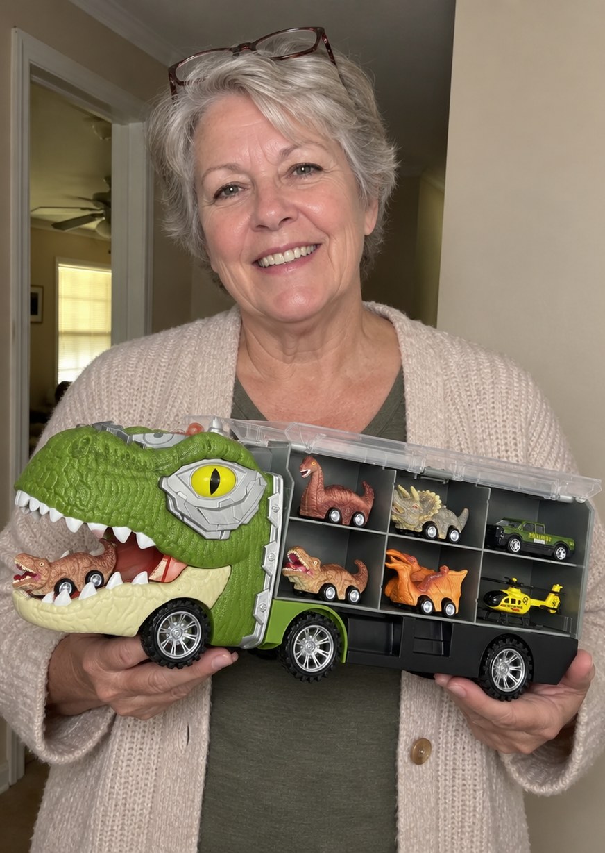 Carol holding the RoarHaul T-Rex Truck