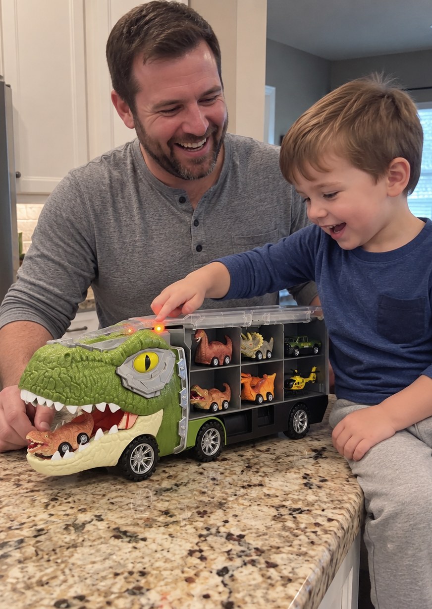 Mike and his son with the T-rex truck on the kitchen counter