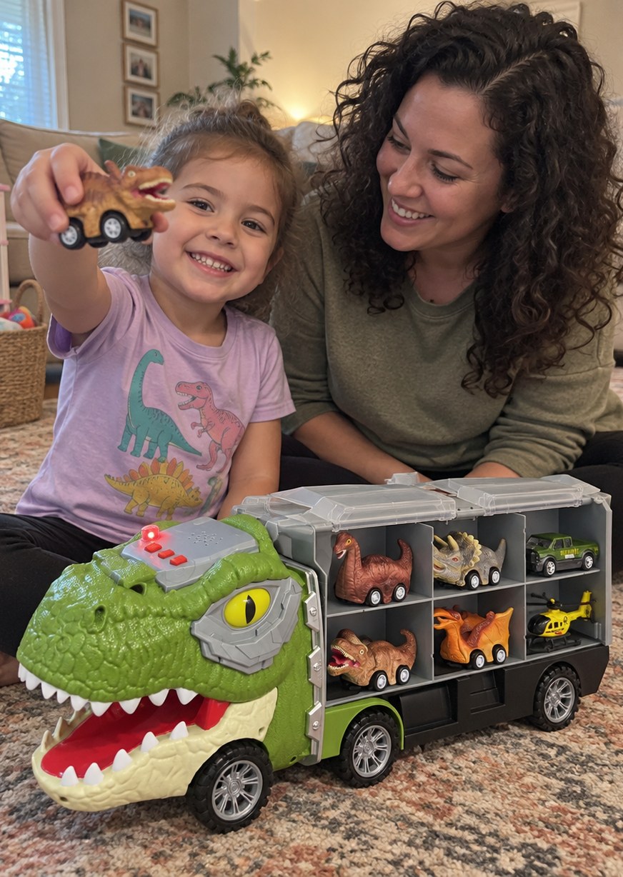 Jess and her daughter with the dinosaur cars