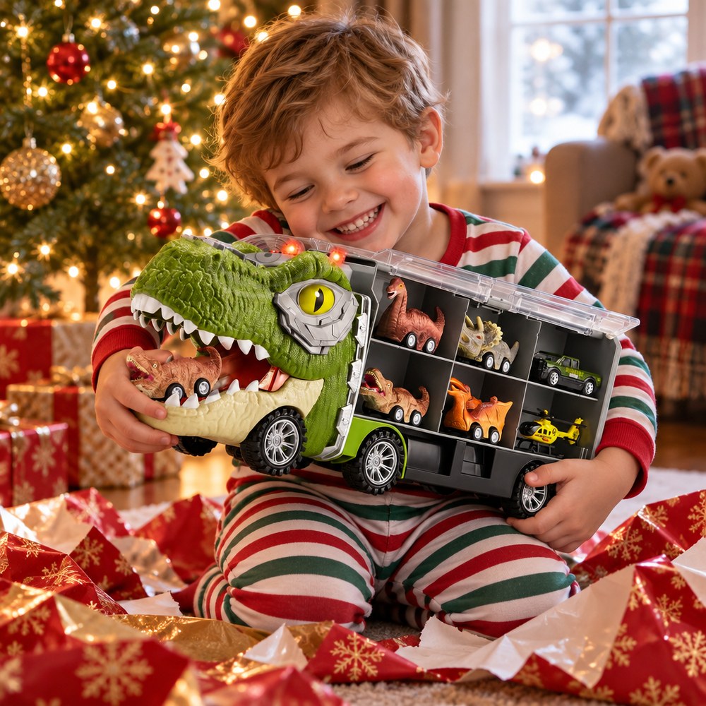 A little boy hugging the T-rex truck on Christmas morning