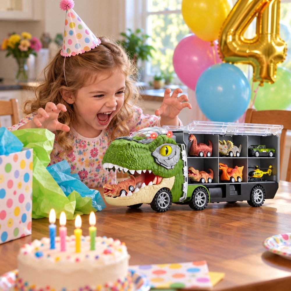 A girl roaring back at the T-rex truck at her fourth birthday