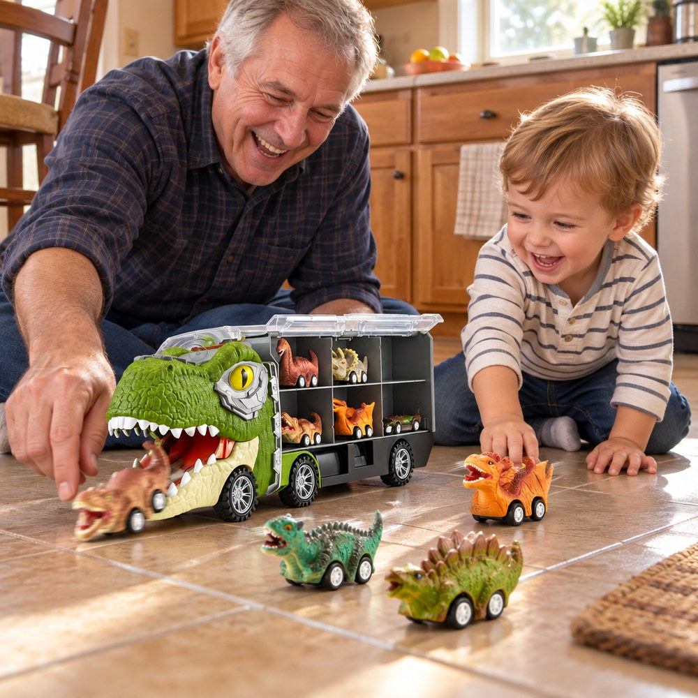 A grandfather and grandson racing dinosaur cars on the kitchen floor