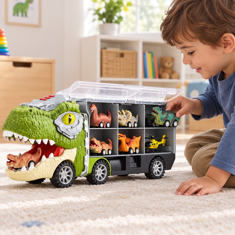 A child parking the last dinosaur car inside the truck