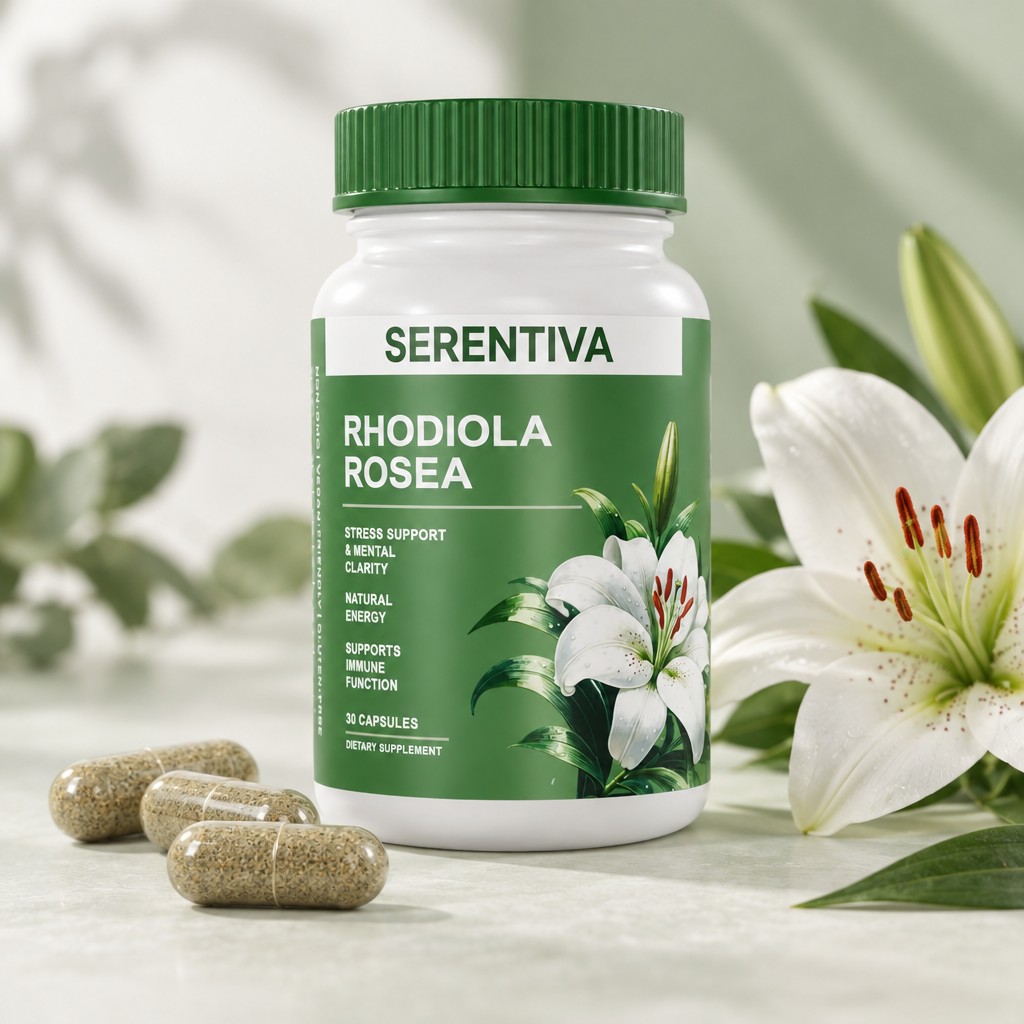 Frasco de Serentiva con cápsulas y una flor de lirio blanco