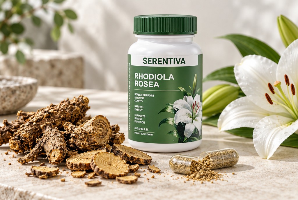 Raíz de rhodiola rosea junto a una cápsula abierta y el frasco de Serentiva