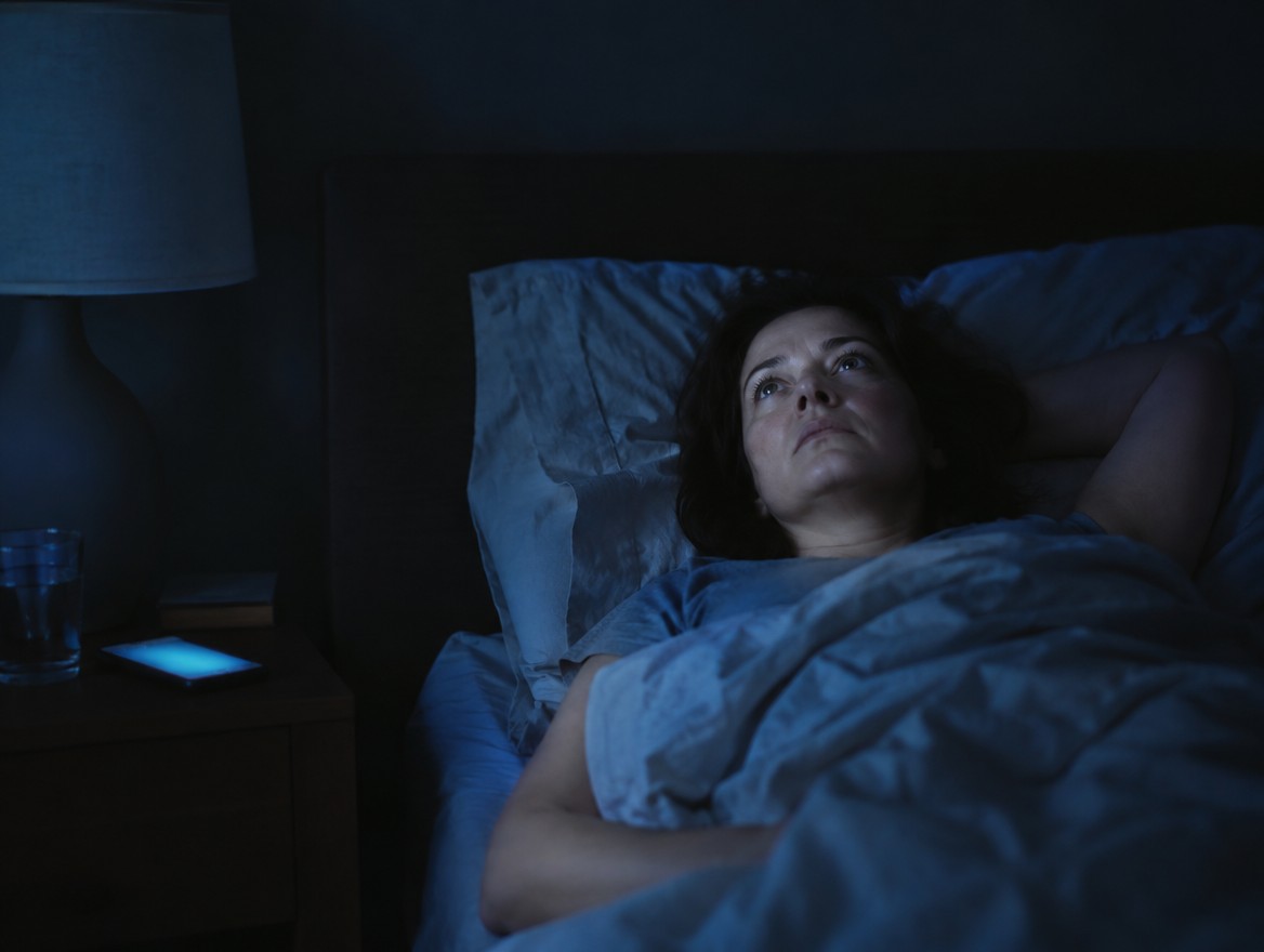 Mujer despierta en la cama de noche mirando el techo