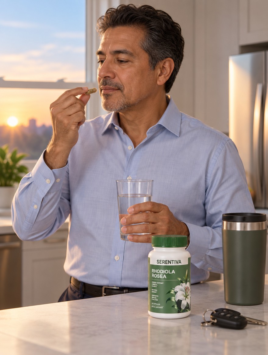 Hombre tomando su cápsula temprano antes de salir al trabajo