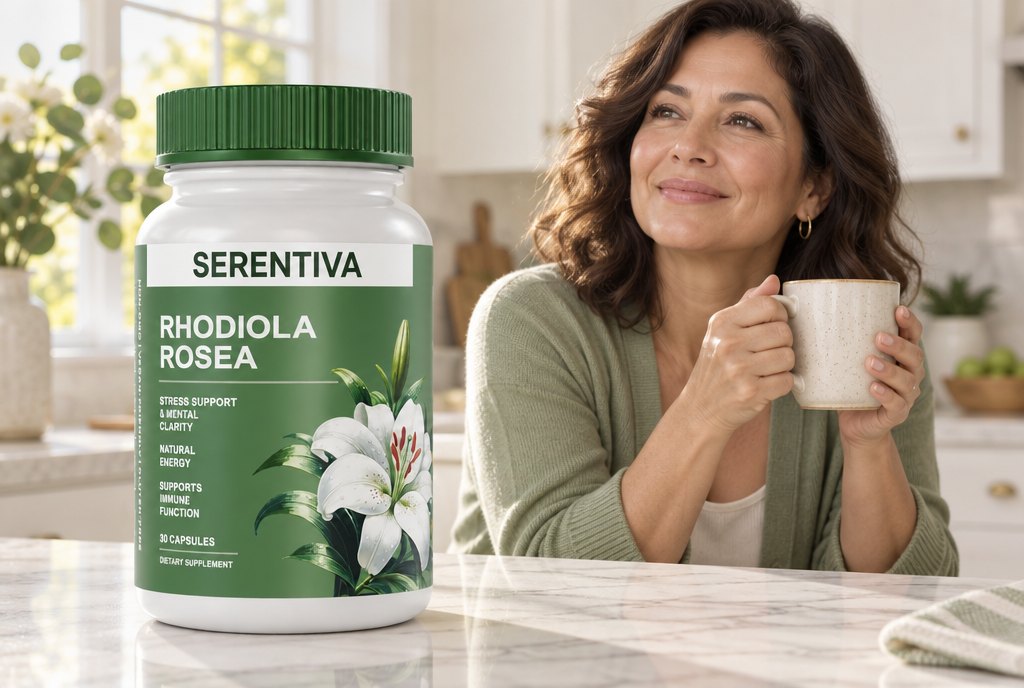 Mujer latina de unos 50 años, descansada y con la piel luminosa, sonriendo en su cocina por la mañana con un frasco de Serentiva Rhodiola Rosea en la mano