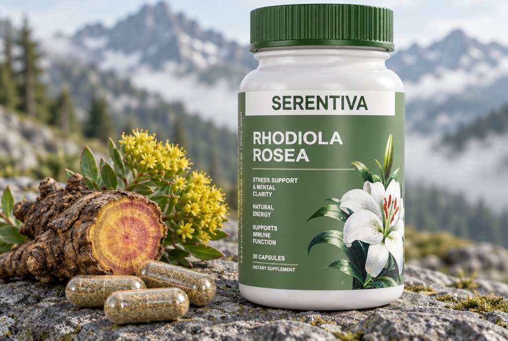 La raíz dorada de rhodiola rosea recién cortada sobre una piedra de montaña, junto a cápsulas y un frasco de Serentiva Rhodiola Rosea
