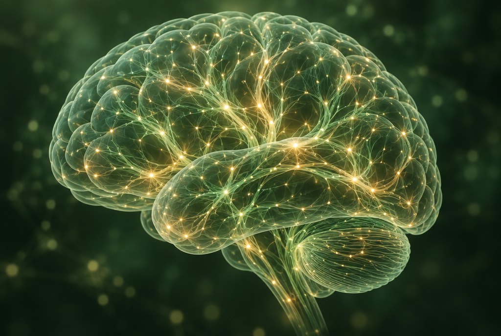 Ilustración científica de un cerebro con sus redes de neuronas brillando de forma pareja y tranquila en tonos verde salvia
