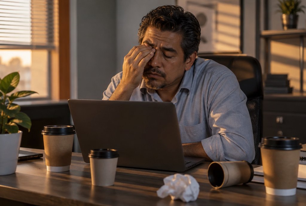Hombre de unos 50 años agotado en su escritorio a media tarde, con varias tazas de café vacías a su alrededor