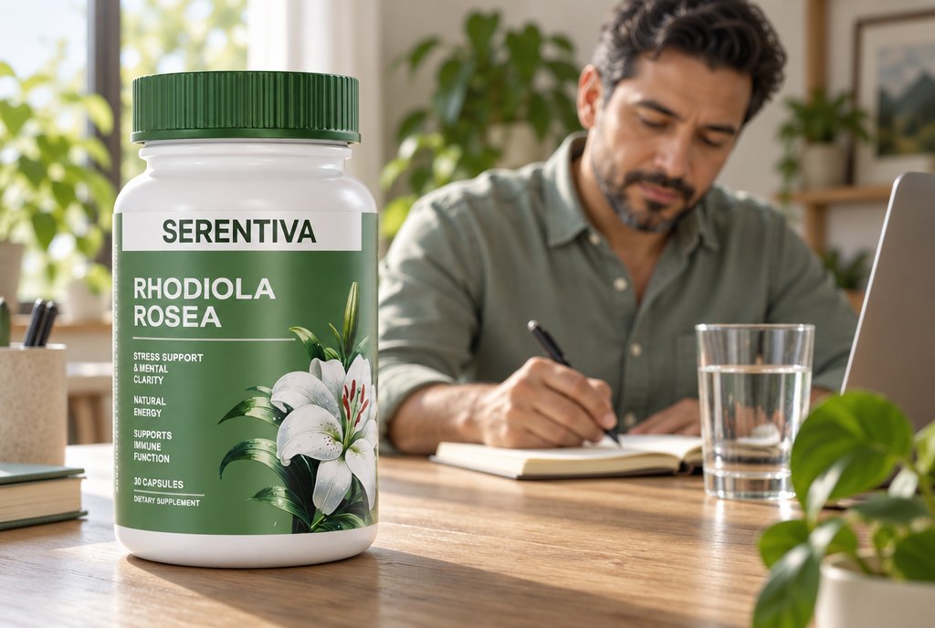 Hombre latino de unos 40 años trabajando concentrado y tranquilo en su escritorio por la mañana, con un frasco de Serentiva Rhodiola Rosea junto a su vaso de agua