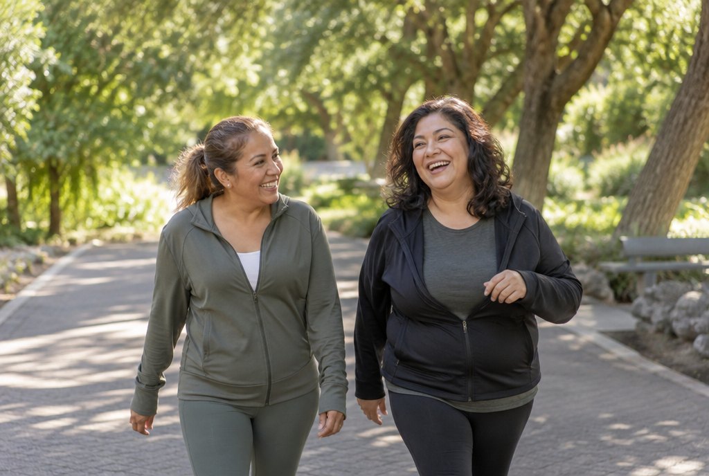Dos amigas latinas de unos 45 y 55 años caminando y riendo juntas en un parque por la mañana, con energía